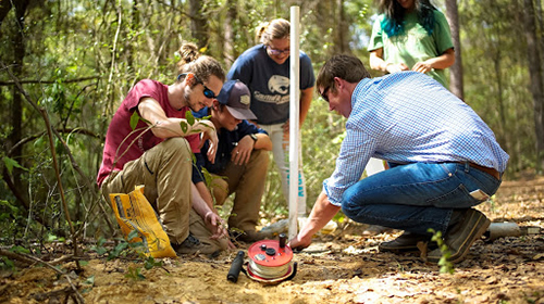 Students working in the field with professor measuring.