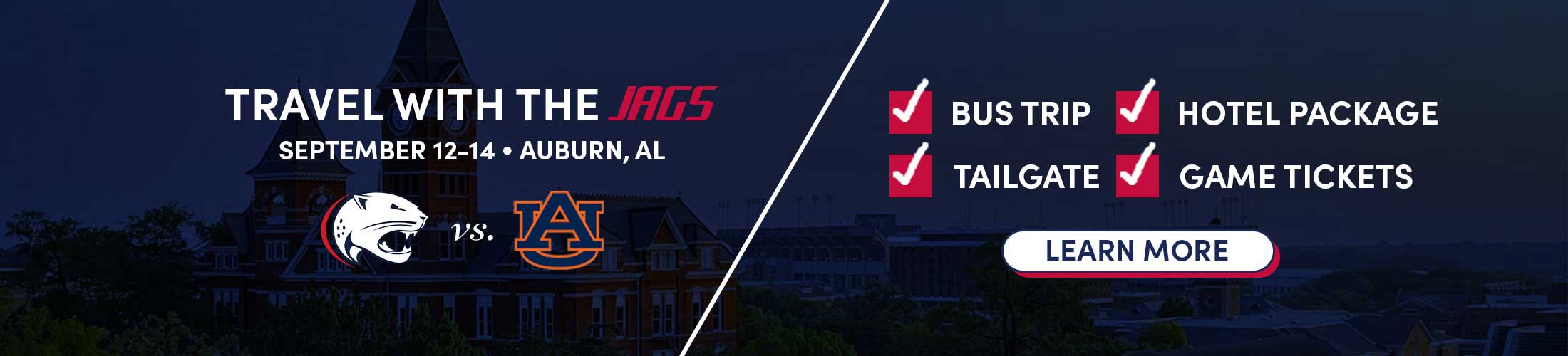 Travel with the Jags September 12-14 Auburn, AL Bus Trip, Hotel Package, Tailgate, Game Tickets Learn More