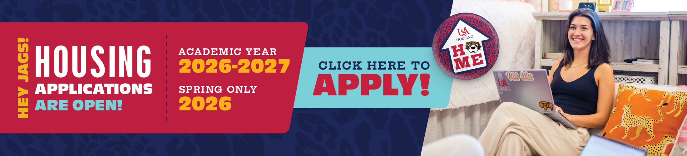 Student on laptop in dorm room with text about applying to live on campus.