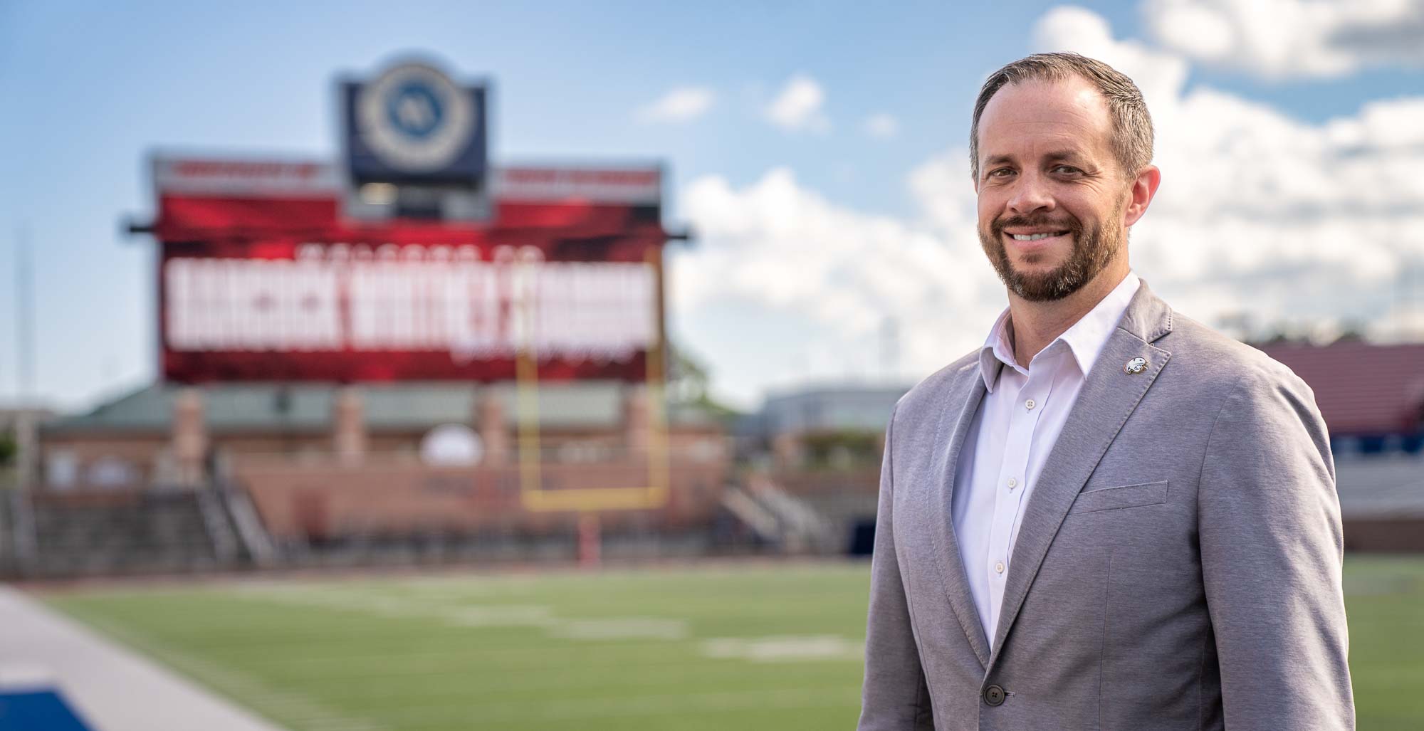 Dr. Daniel McCarthy, who joined South Alabama Athletics in 2008 and has played a key role in the success of South&rsquo;s athletics program, has been selected as its athletics director following the retirement of Dr. Joel Erdmann. This photo is of him on the field at Hancock Whitney Stadium. 