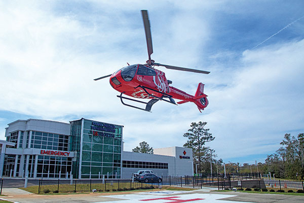 USA South Flight Helicopter landing at USA Health Hospital.